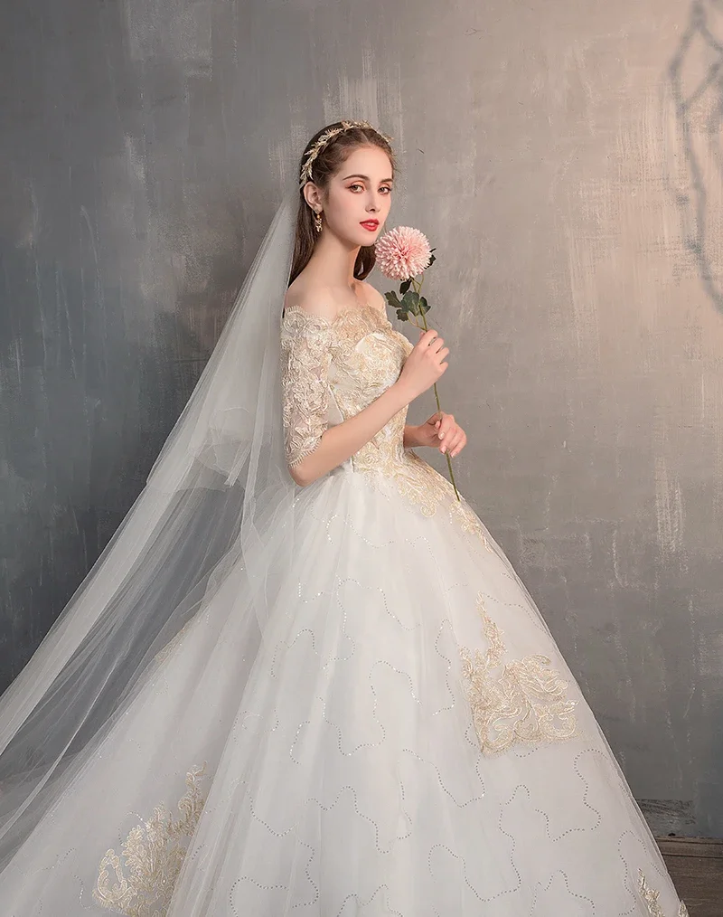 2025 New Off The Shoulder Half Sleeve Wedding Dress Bridal Gown Lace Applique Plus Size Simple Ball Gown Robe Mariee Customized