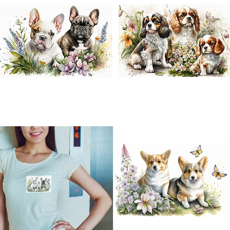 lovely Flower grassland puppy dtf Heat Transfer iron on transfer for clothing Iron On Patches For Clothing.