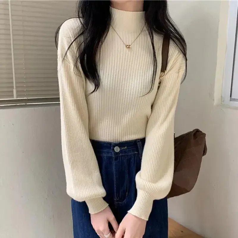 

Women's Pullover Autumn and Winter Dropshipping Sweater Women's Half Turtleneck Lantern Sleeve Solid Color Sweater Knitted Top