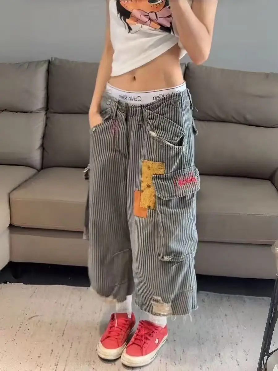 Summmr Women American Retro Jorts Striped Boyfriend Cargo Jean Shorts Y2K Japanese Denim Capris Pants High Street Design Chic Ne
