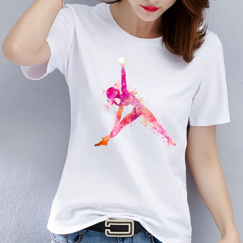 الأكثر مبيعا المرأة الرقص الجمباز جولة الرقبة تي شيرت، قصيرة الأكمام تي شيرت، الكرتون عارضة الأزياء قاعدة قميص