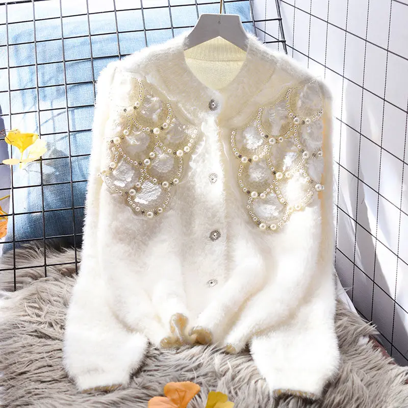 Women Imitation Mink Fleece Pearls Beaded Sweater Coat Loose Autumn Winter Shell Sequined Embroidery Knitted Cardigan Knitwear