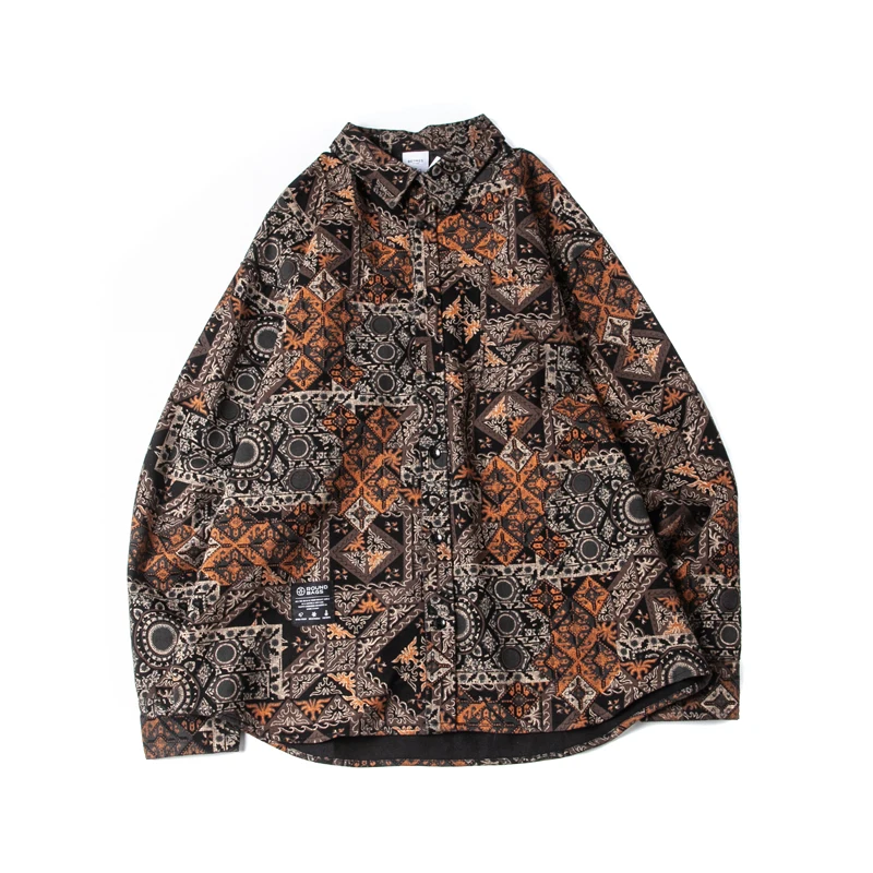 

Retro Ethnic Sle Long Sve irt Women's Turn-down Collar Loose Fit Spring Autumn Trendy Couple's Outerwear Casual irt