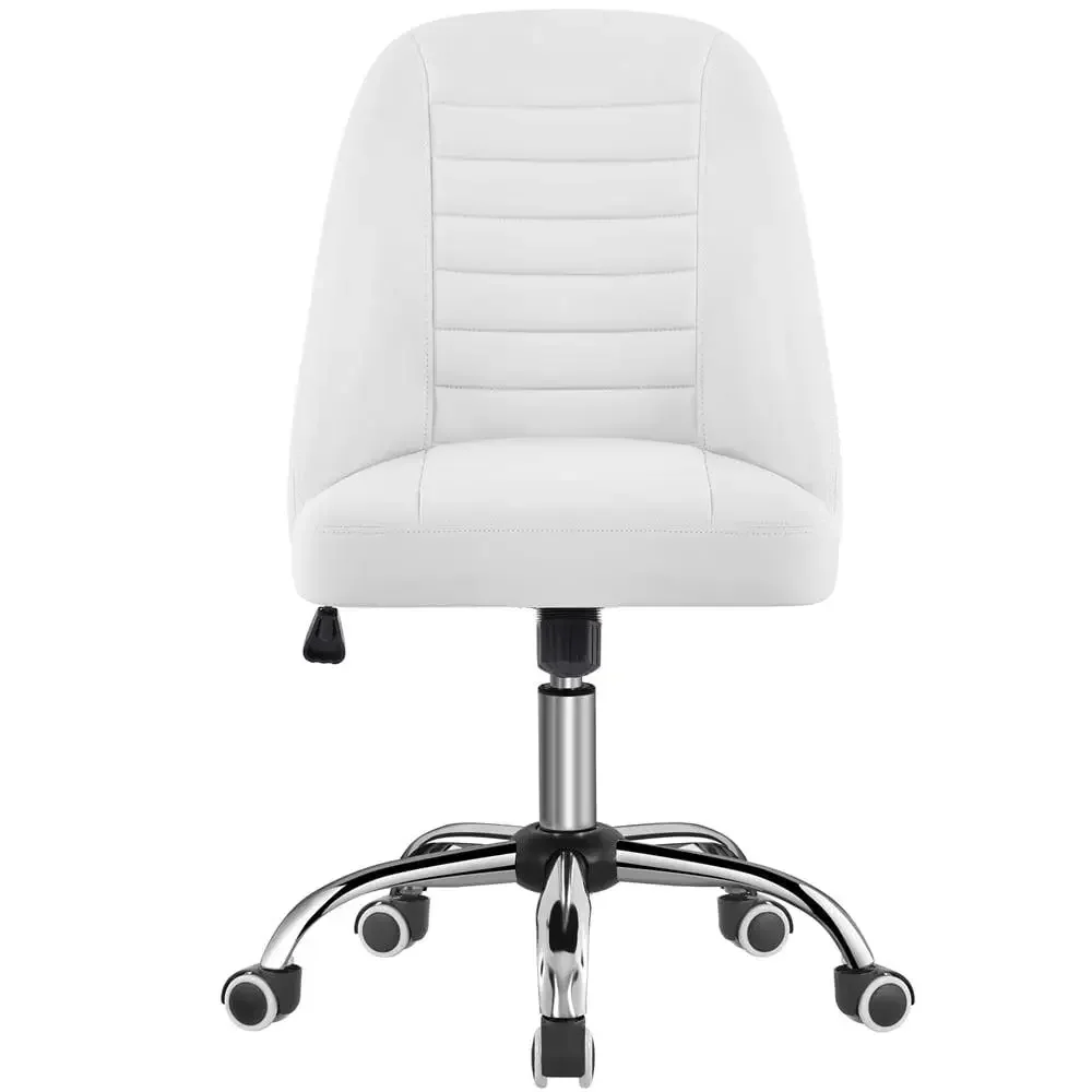 Armless White Desk Chair Modern Tufted Faux Leather Adjustable Height Comfortable Office Chair 300 lb Capacity