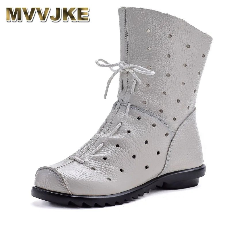 

Women's mid-calf boots summer cut-outs geunine leather shoes for women fashion lace up rubber boot