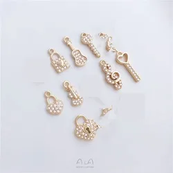 14K gold clad micro zirconia clover note violin key lock-shaped pendant diy jewelry small charm