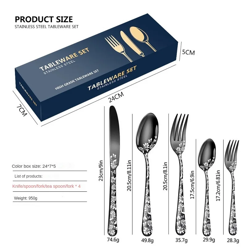 

Patterned stainless steel tableware 5 sets of 20 thickened knife, fork and spoon Western restaurant hotel set steak fork