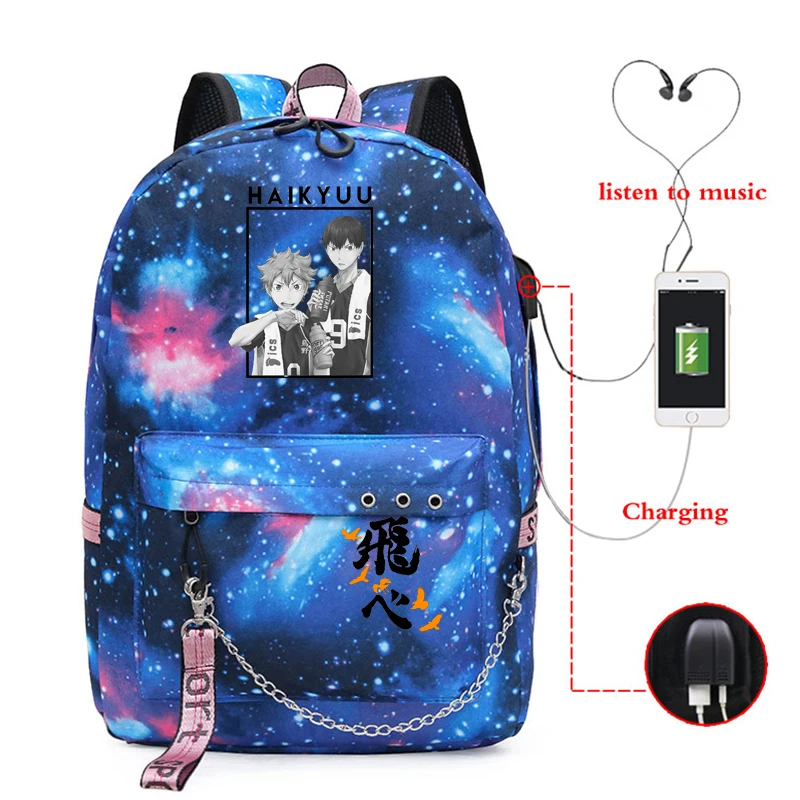 Imagem -04 - Japão Anime Haikyuu Anime Imprime Studentts Escola Bolsa de Carregamento Usb Meninas de Volta à Escola Mochila Feminina Haikyuu Portátil Bookbag