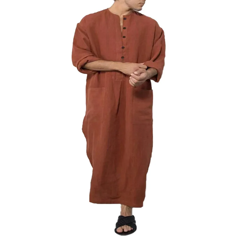 Moslim Mannen Jubba Zuidoost-Azië Nieuwe mannen Losse Stand Kraag Lange Mouw Gewaad Islamitische Arabische Kaftan Mannen Abaya S-5XL