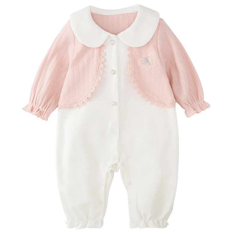 

Spring Autumn Infant Girl Clothes Korean Cute Butterfly Doll Collar Cotton Long Sleeve Pink Jumpsuits Baby Newborn Items BC572