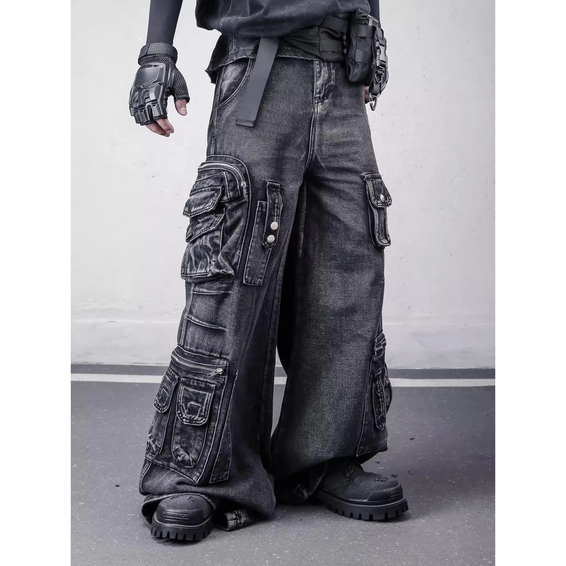 Vintage Multi Pocket Jeans Grunge Hip Hop Loose Wide Leg Cargo Pants Men's Washed Denim Trousers