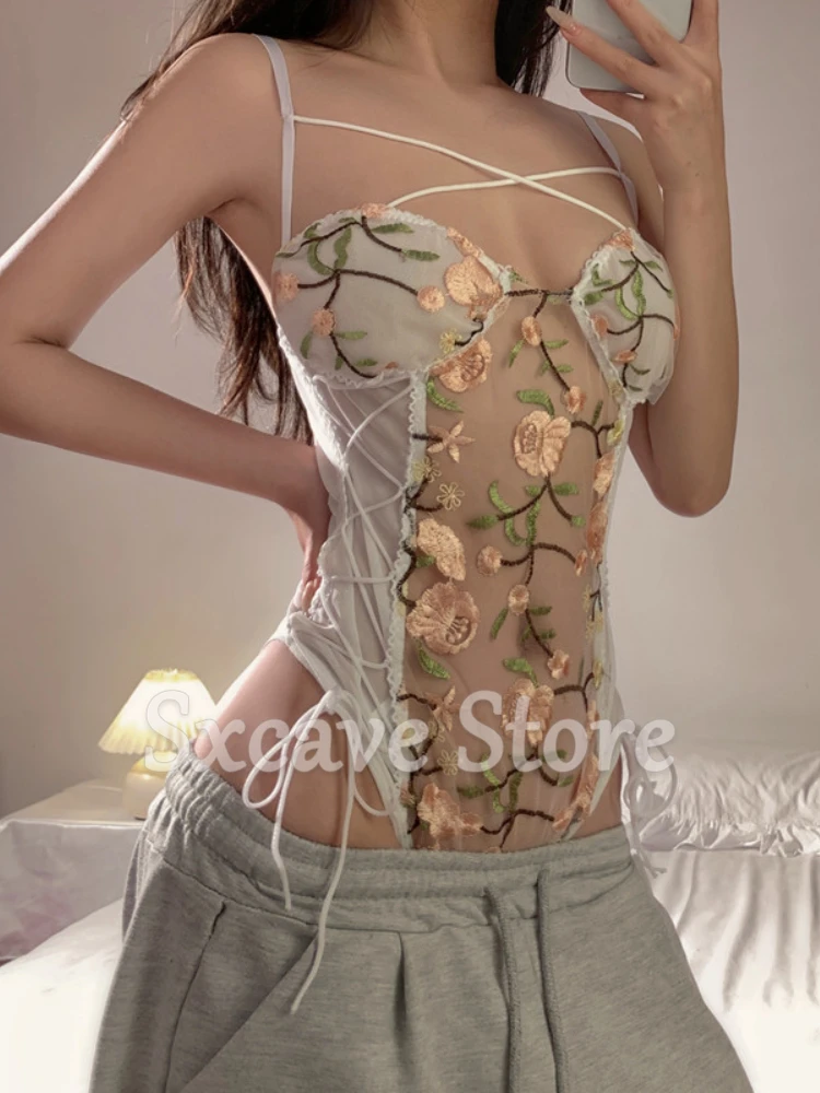 Camisole Vest Women Casual Outerwear Summer 2022 Sexy Basic Blouse Korean Style Embroidery Lace Bodycon Bodysuits Female Beach