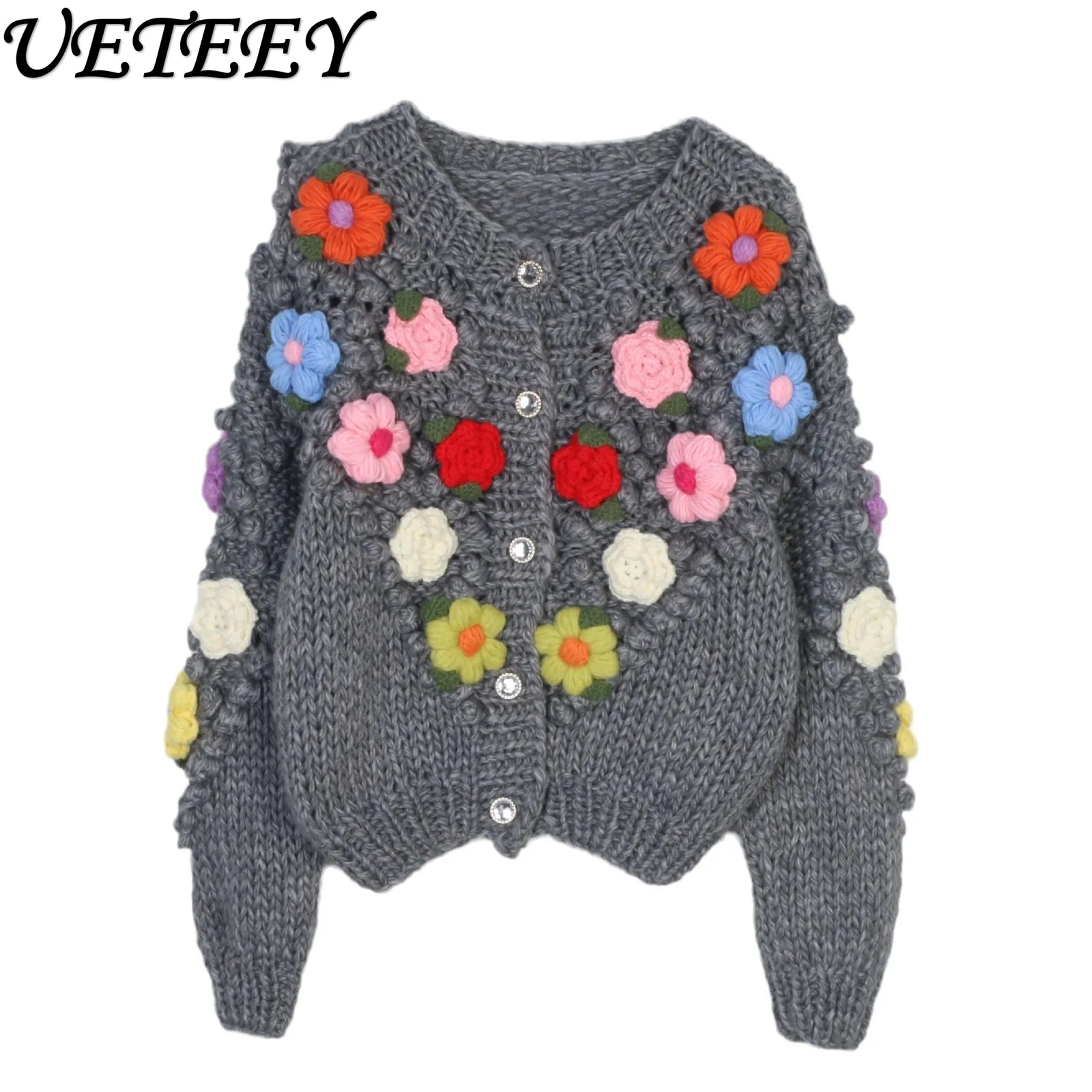 

2025 Autumn Winter New French Retro Single-Breasted Loose Handmade Floral Sweater Cardigan Women Thickened Fabric Warm Sweater