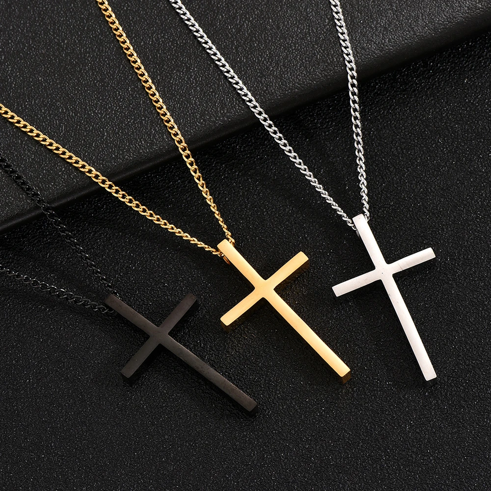 Stainless Steel Cross Necklace For Men Fashion Crucifix Pendant Black Gold Silver Color Chain  Women Party Jewelry Accessories