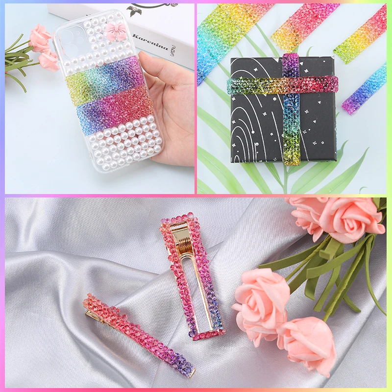 Children's DIY Rainbow Rhinestone Ribbon Trim Handmade Hair Clips Costume Accessories Hotfix Crystal Trim Sewing Decorations