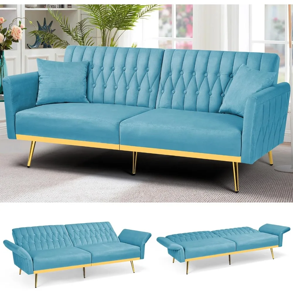 70” Velvet Futon Sofa Bed, Convertible Sleeper, Modern Recliner for Living Room, Bedroom, Baby Blue