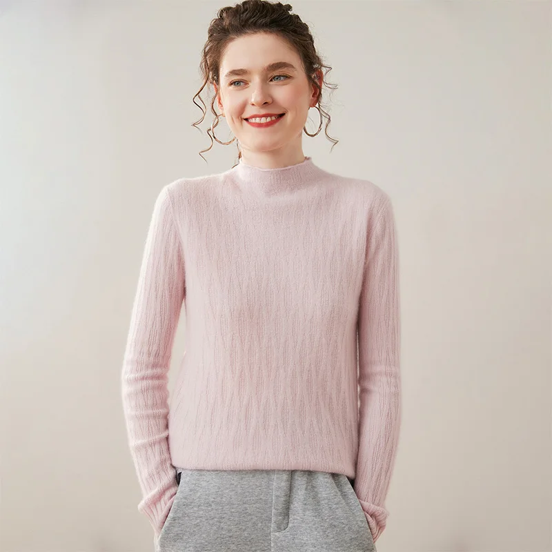 

Women's Mock Neck 100% Cashmere Pullover Sweater New Autumn Winter Cable Knit Soild Slim Staple Basic Long Sleeve Tops High-end