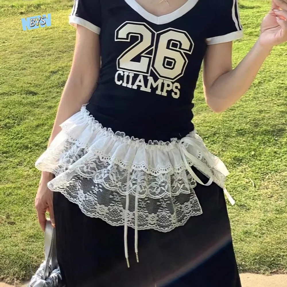 

Sweet Balletcore Lace Mini Skirts Korean Style White Ruffle Short Skirts Elastic Flower Butt Curtain Girl