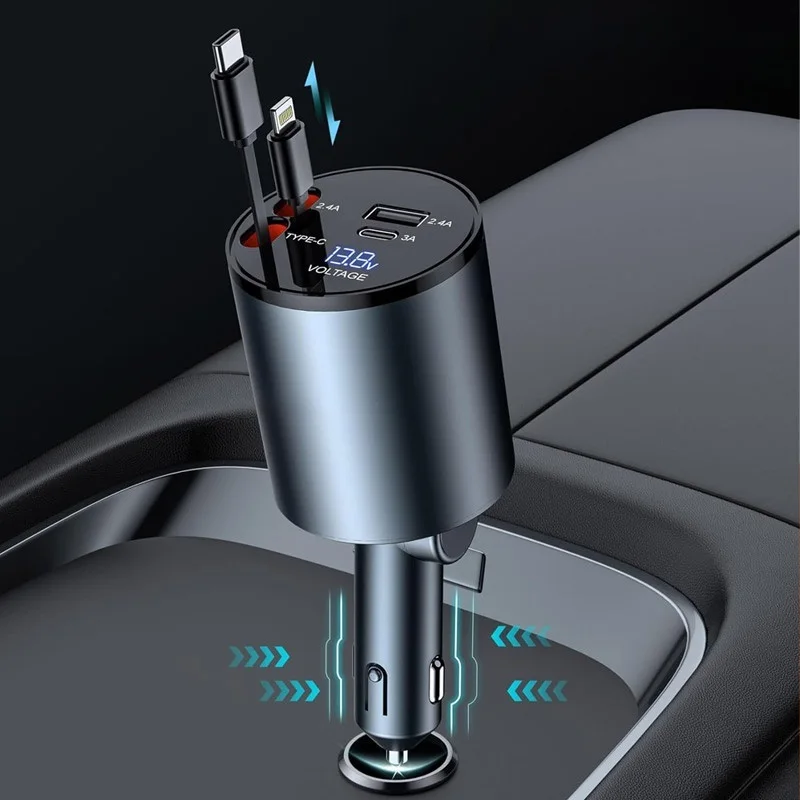 Car charger Retractable 120W Fast USB C Ports Dual USB Ports Voltage Display For iPhone 15 14 13 Pro Max