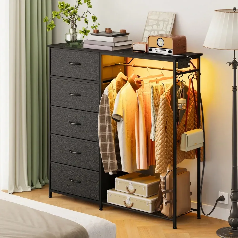 

Hanging Rack Dresser With 5 Fabric Drawers, LED Lights Charging Station Wood Top Wardrobe Closet Organizer For Bedroom