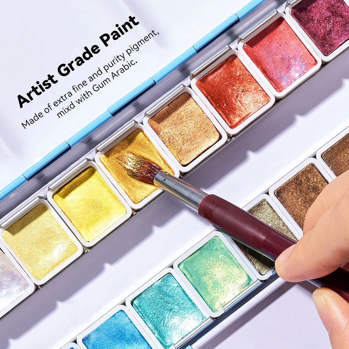 Paul Rubens Professional Metallic Watercolor Paints Set, Pearl Paint, Portable Metal Case with Palette Set of 24 Half Pans