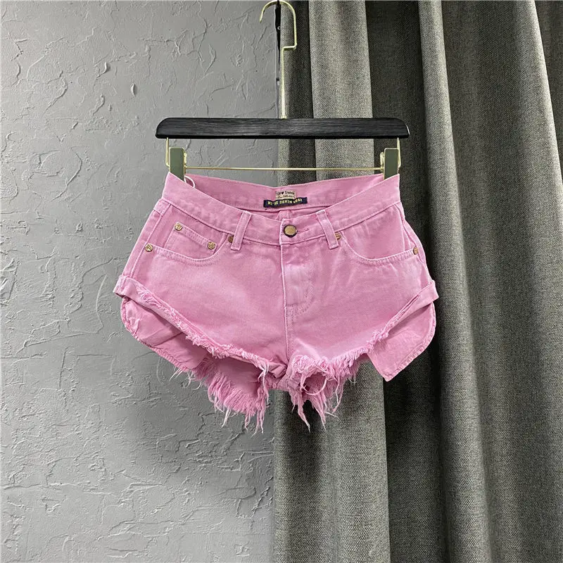 

Denim Shorts For Womenwomen's 2023 Summer New Street Y2k Spicy Girls Pink Washed Denim Shorts Outerwear A-Line Tassels Ultra Sho