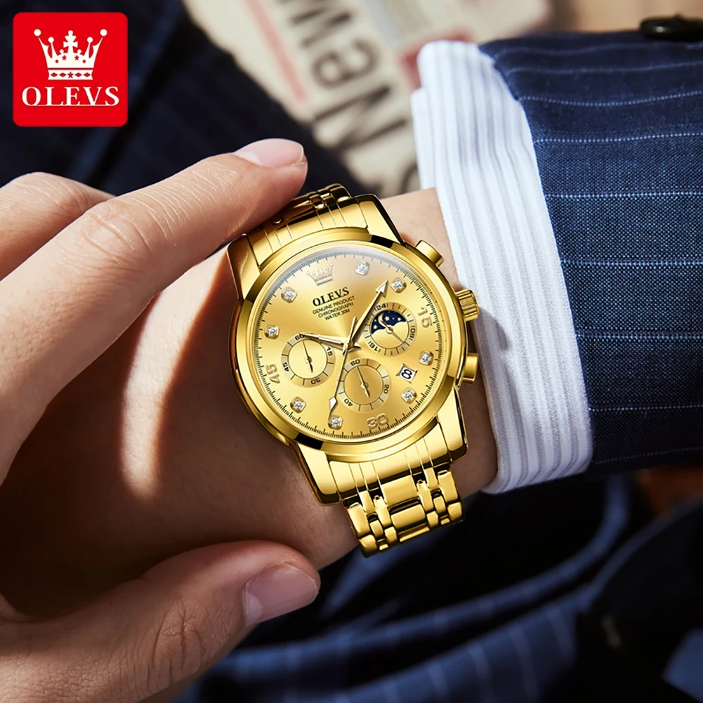 OLEVS 2889, кварцевые модные часы, подарок, ремешок для часов из нержавеющей стали, наручные часы с круглым циферблатом, хронограф, календарь, светящийся