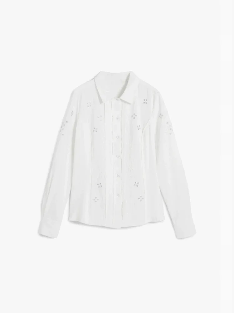 Foreign trade original embroidered square neck white long sleeved women's casual shirt, lightweight and breathable shirt