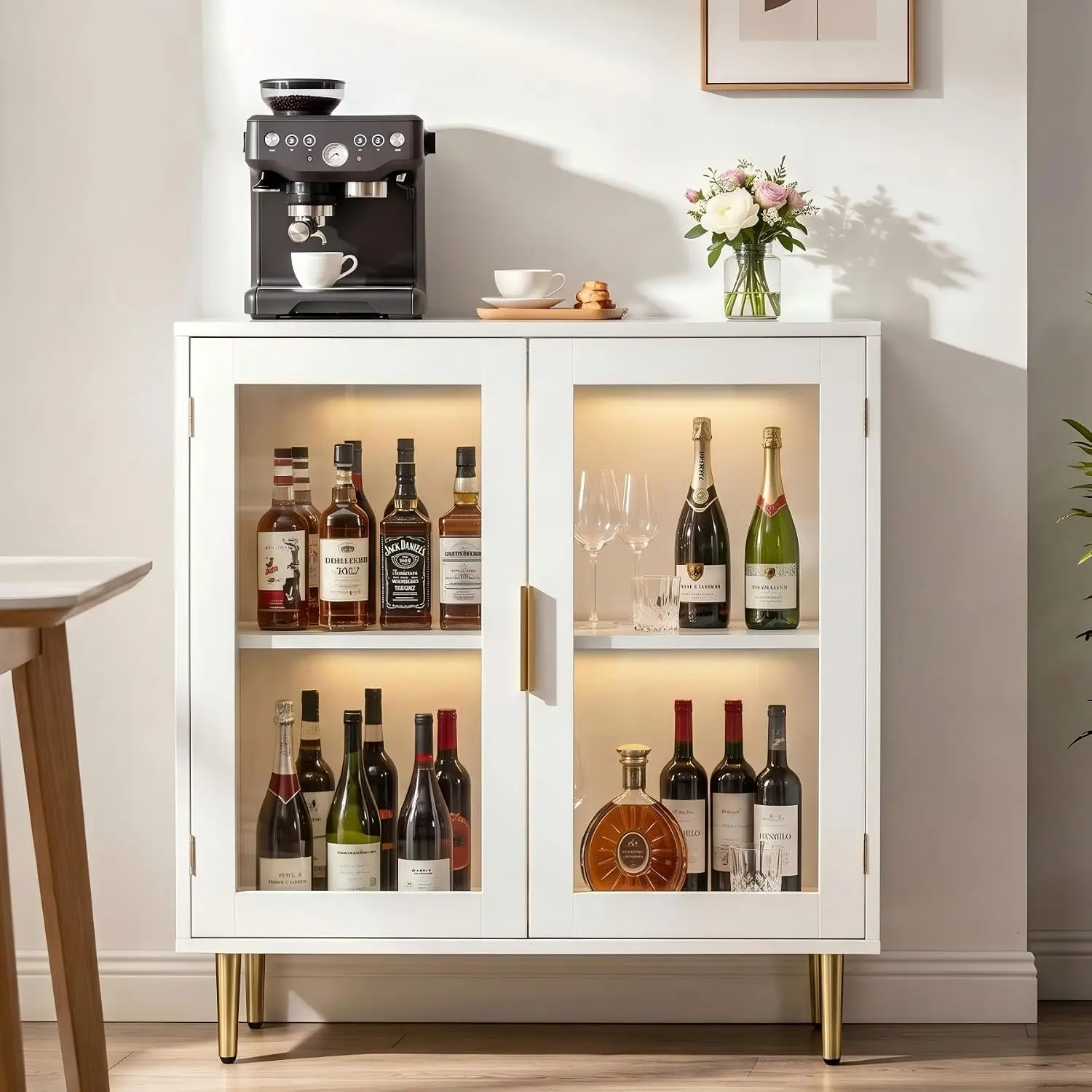 Buffet Cabinet with LED Lights & 2 Acrylic Doors, White