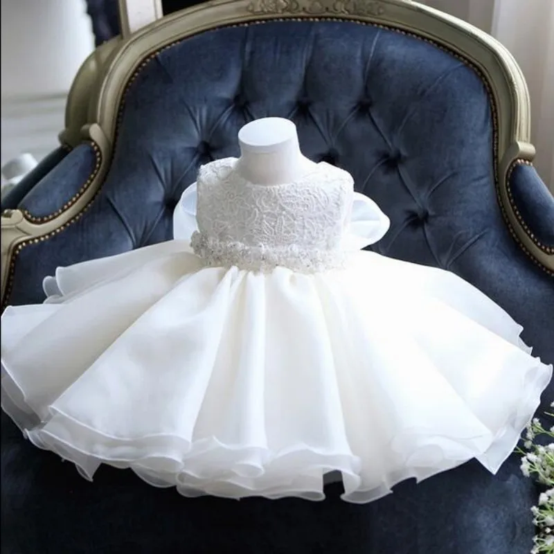 Glizt Baby Girl Dress White Chiffon Ball Gown Bead Bow Belt Baptism Dress For Girl Infant 1 Year Birthday Christening Gowns