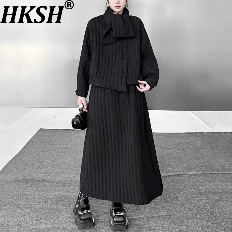 

HKSH Autumn Winter New Women Casual Set Asymmetric Cotton-padded Coat Elastic Waisted Skirt Warm Scarf Elegant Chic Tide HK16503