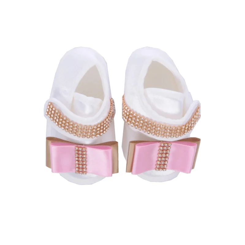Luxury Lace Trim Rhinestone Crown Baby Footed Romper Newborn 0-9 Months 4Pcs White Baby Pink Satin Bow Royal Jumpsuit Gift