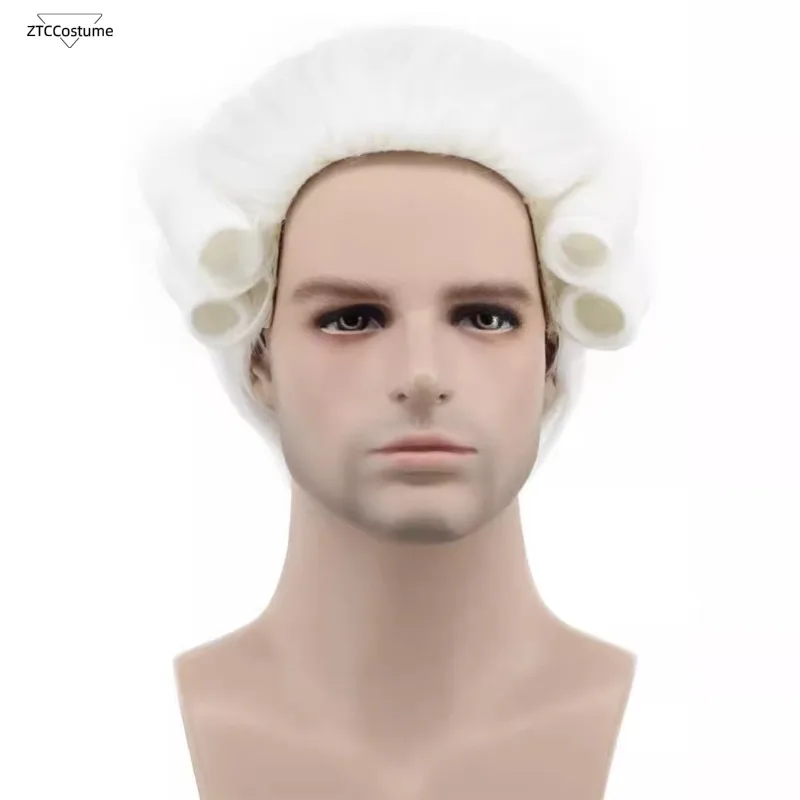 Colonial Cosplay Wig Men's Long Wave White Synthetic Wig Washington Halloween Judge Lawyer Cos Character Headgear