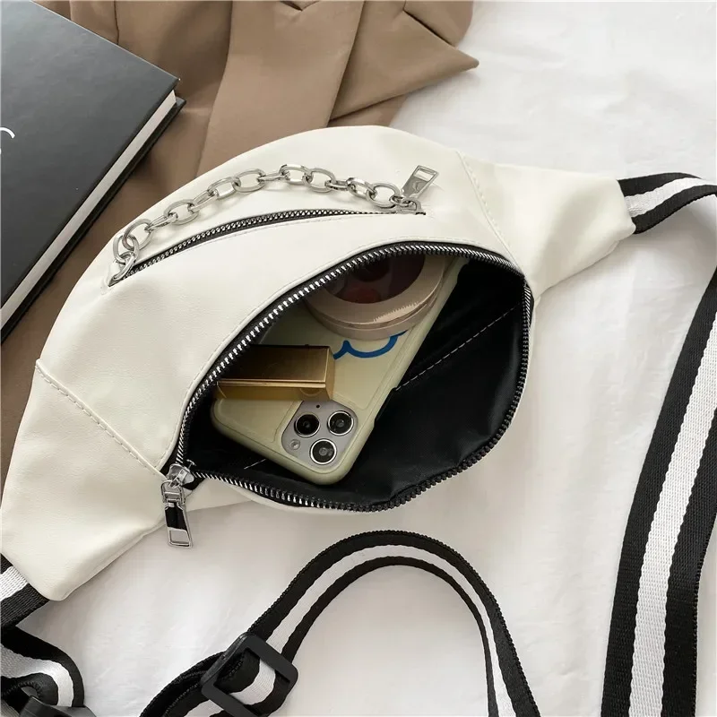 Women Shoulder Bag Street Solid Chest Bag Striped Strap Chain Zipper Waist Bags New In Bag For Women