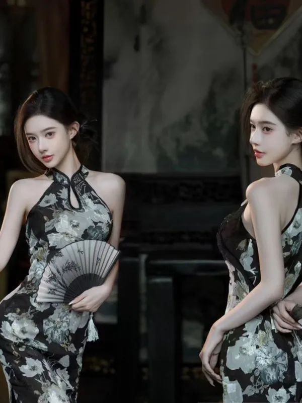 

Черное платье без рукавов с завязками на шее, новое, в китайском стиле, ретро, для фотосессий в студии, женская мода