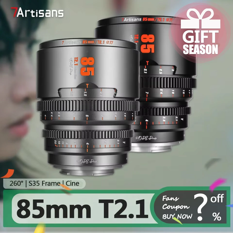 7artisans 85mm T2.1 S35 Hope Prime Cine Lens for Camera Studio Photography with Sony E A6000 Fujifilm XF Canon RF M43 Mount