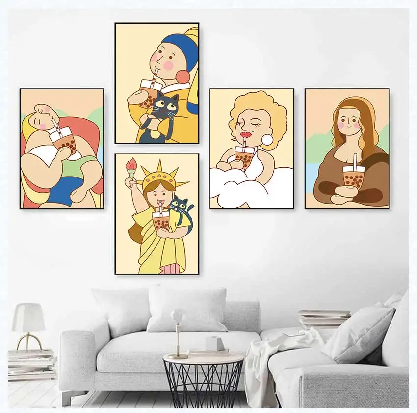 Funny Mona Lisa Bubble Tea Famous Portrait Cartoon Painting Nordic Canvas Art Print Poster Picture Wall Living Room Home Decor