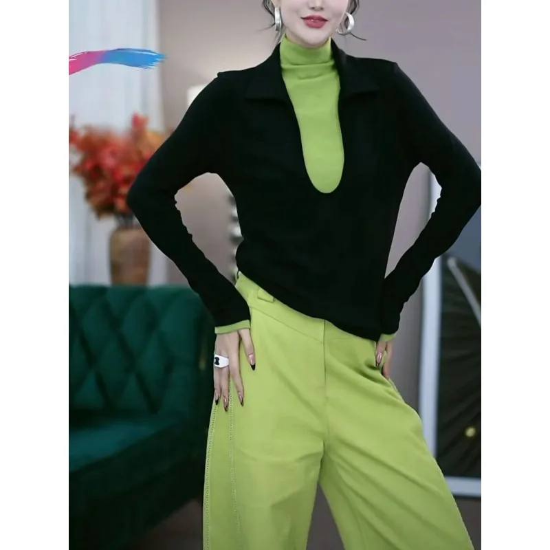 

Корейский стиль, высокий воротник, контрастный цвет, искусственная двухсекционная футболка с длинными рукавами, женский новый осенне-зимний топ