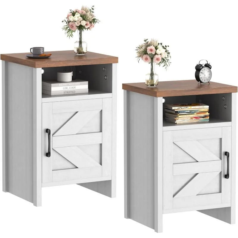 

Farmhouse Nightstand, Modern Bedside Table with Barn Door and Shelf, Rustic End Table Side Table for Bedroom, Living Roo
