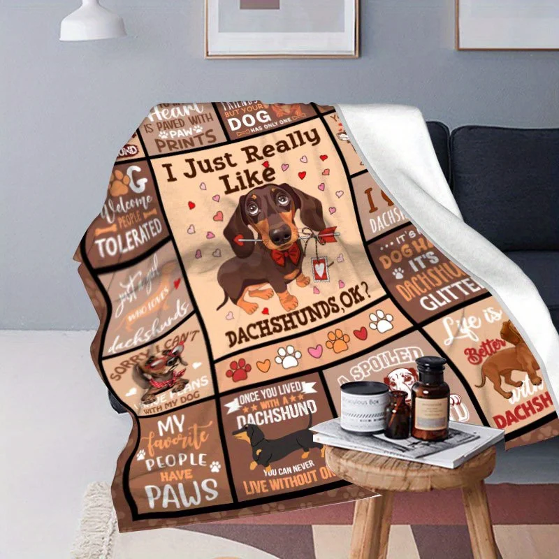 Dachshund Print Flannel Throw Blanket Contemporary Style Cozy Soft Polyester, Multi-Color Animal Theme with Playful Phrases