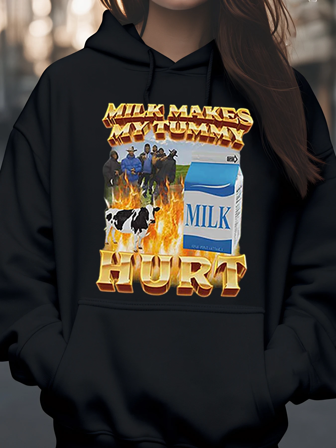 هوديي مطبوع عليه Milk Make My Tummy Hurt، زي الهالوين للجنسين، ملابس كاجوال للبالغين