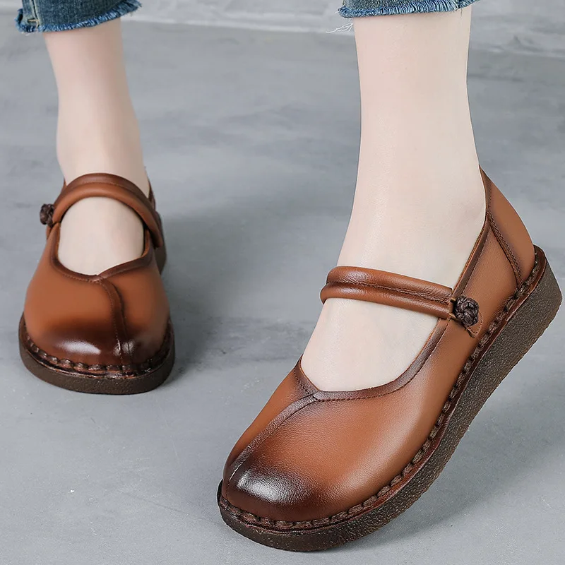 

Autumn Wide Toe Mary Jane Shoes Women Genuine Leather Strappy Flats Ladies V Neck Moccasins Mother Luxury Thick Sole Flat Shoes