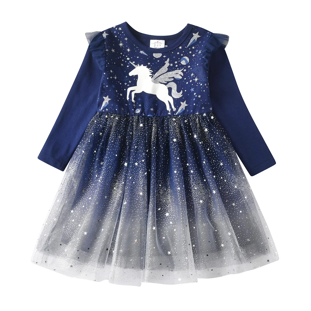 Mädchen Marineblau Sternenhimmel Glitzer Elegantes Tutu Kleid Kleinkinder Kinder Silber Einhorn Rüschen Schultern Fantasie Party Prinzessin Vestidos – Detail 4