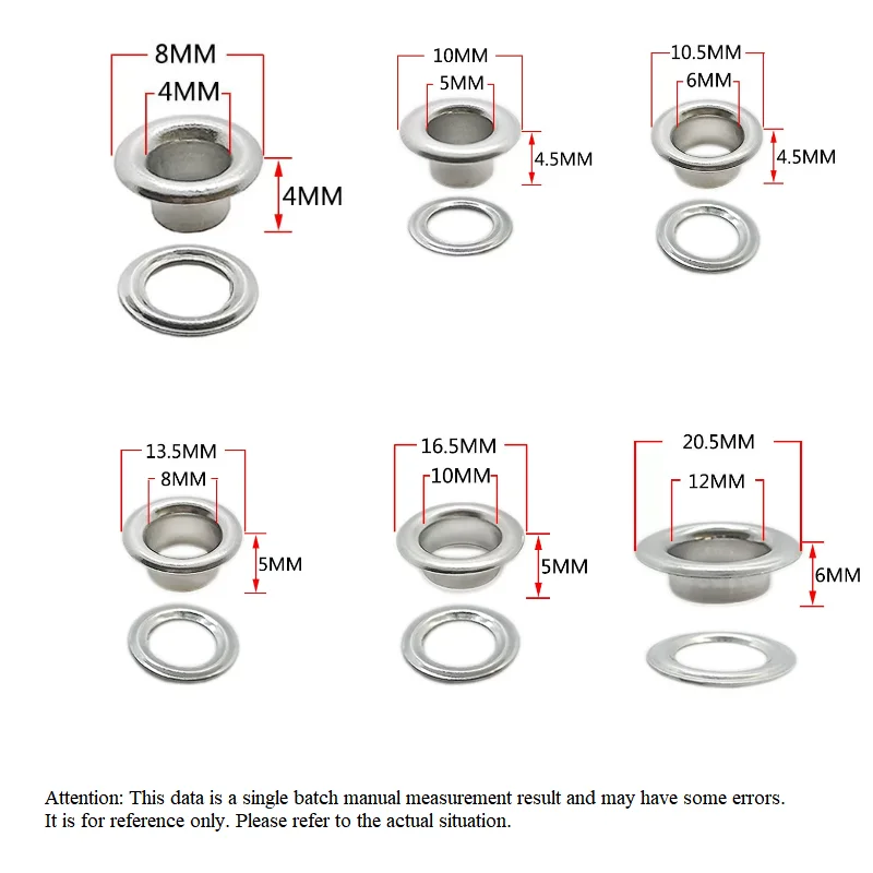 100 Sets 4-12mm Eyelet Grommet With Washer Round Rings For DIY Leathercraft Repair Shoes Bag Clothing Belt Hat Accessories