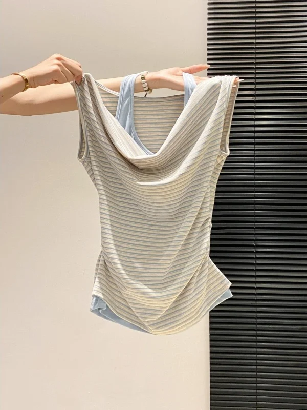 

Summer New Design Women's Sleeveless Vest Slim Fit Pure Desire Style Pleated Waist Control Stripe Pattern Commute Style Fashion