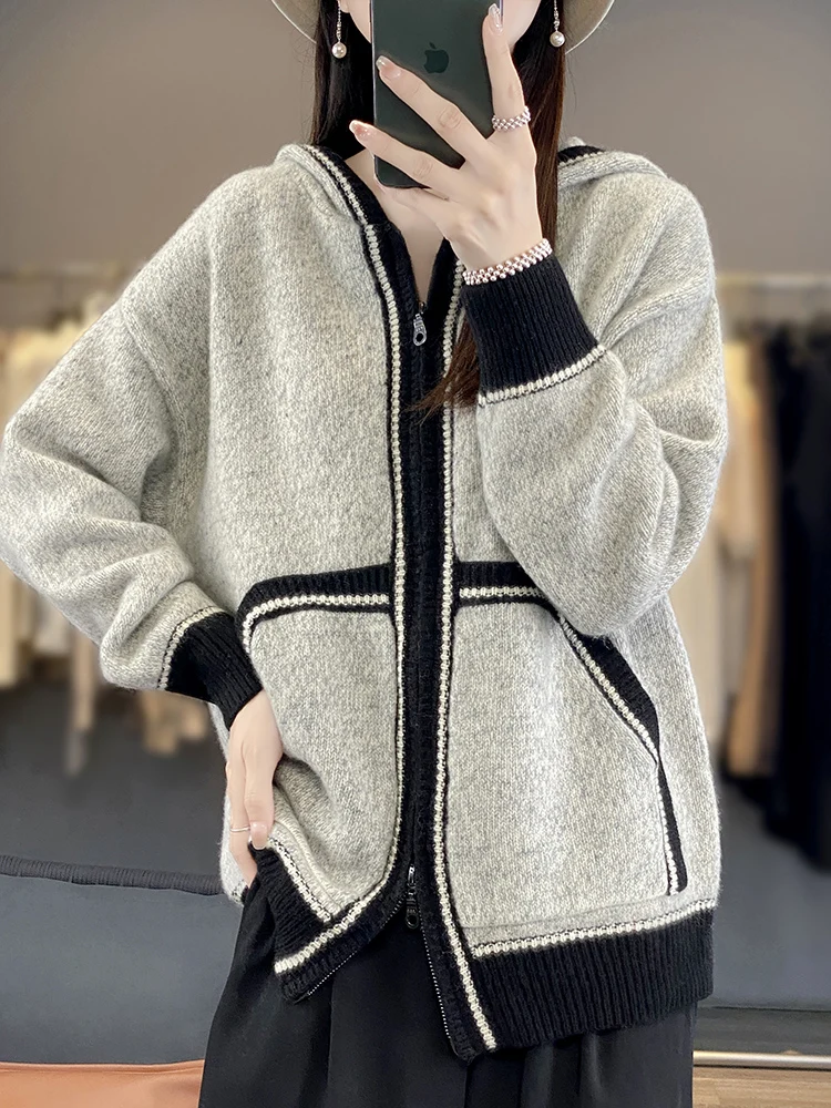 Autumn Winter New Cashmere Zipper Cardigan Women\'s Hooded Knit Coat Fashion Match Color Thicken Jacket Loose Large Size Hoodie