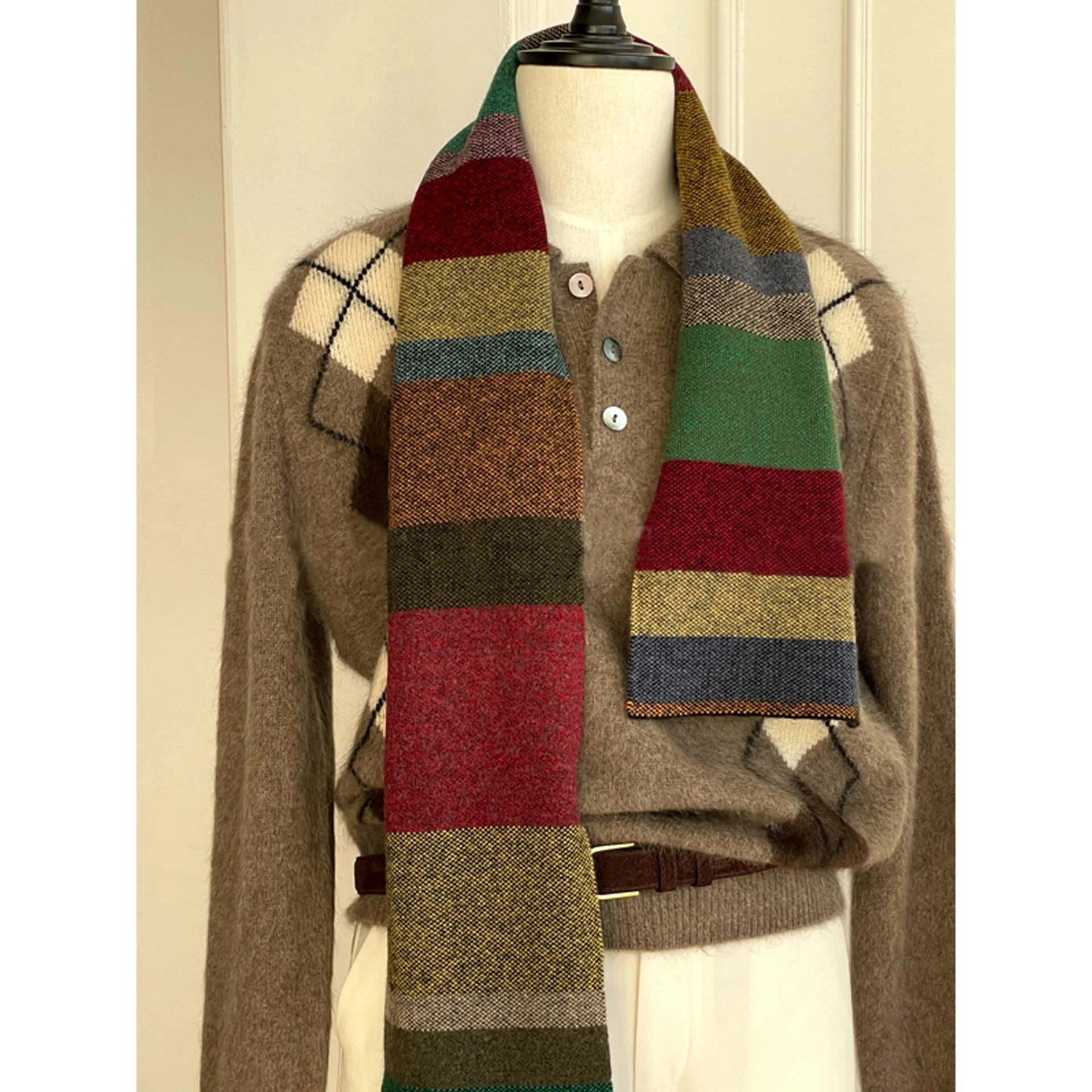 

2026 Pure wool designer scarf for women Korean fashion rainbow patchwork knitted long scarf neck warmer man accessories