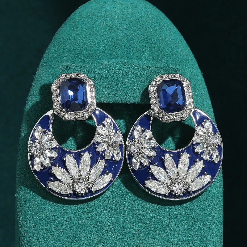 

Vintage Crystal Flower Daisy Earrings Rhinestones Blue Square Enamel Circular Silver Color For Woman Chinese Style Jewelry 2025