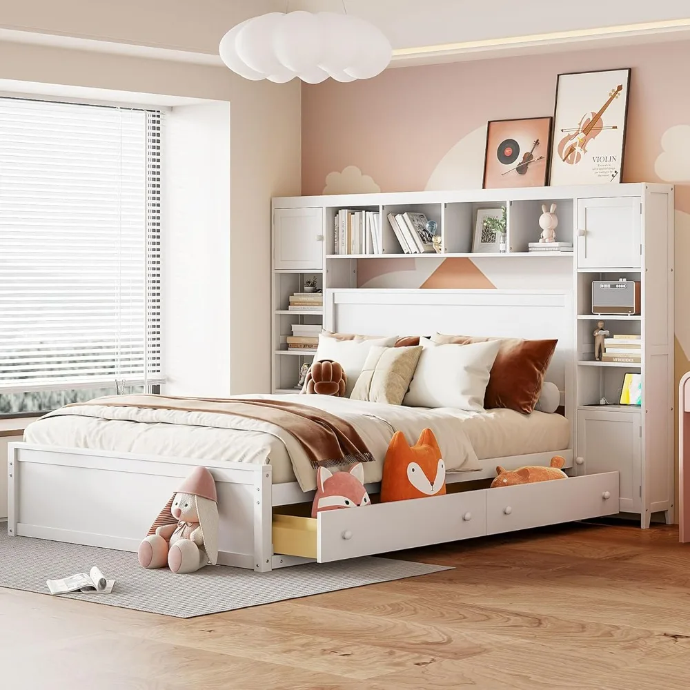 

Bed with Bookcase Headboard, Queen Size Platform Bed with 4 Storage Drawers, Solid Wood Queen Bed Frame with Cabinet