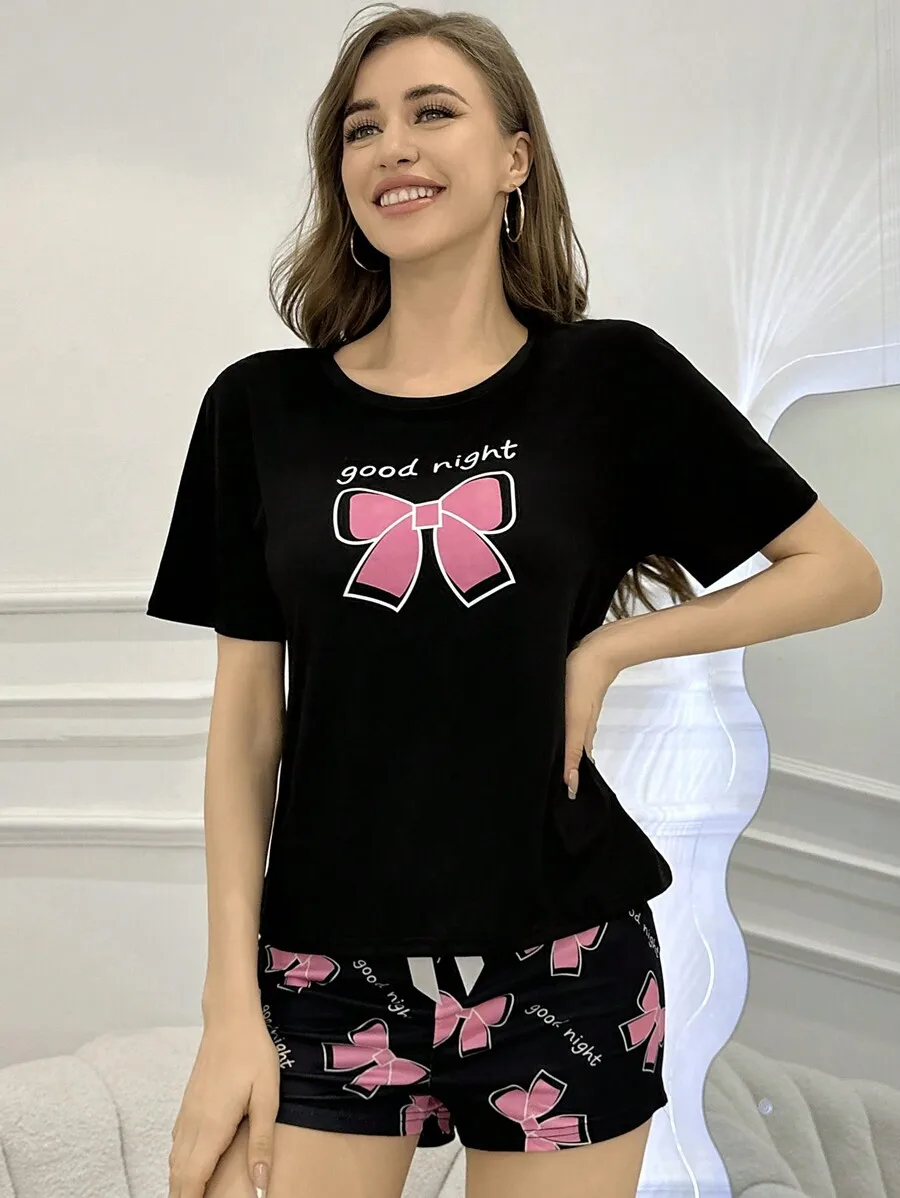 Black Bowknot Letter Print Short Sleeve Pajama Set For Women